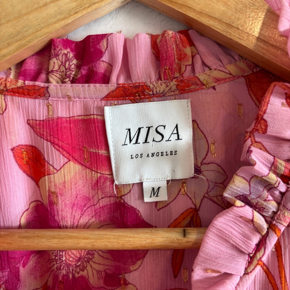 MISA Los Angeles Dominique pink Floral Chiffon Split-Neck Mini Dress size Medium - Picture 6 of 12